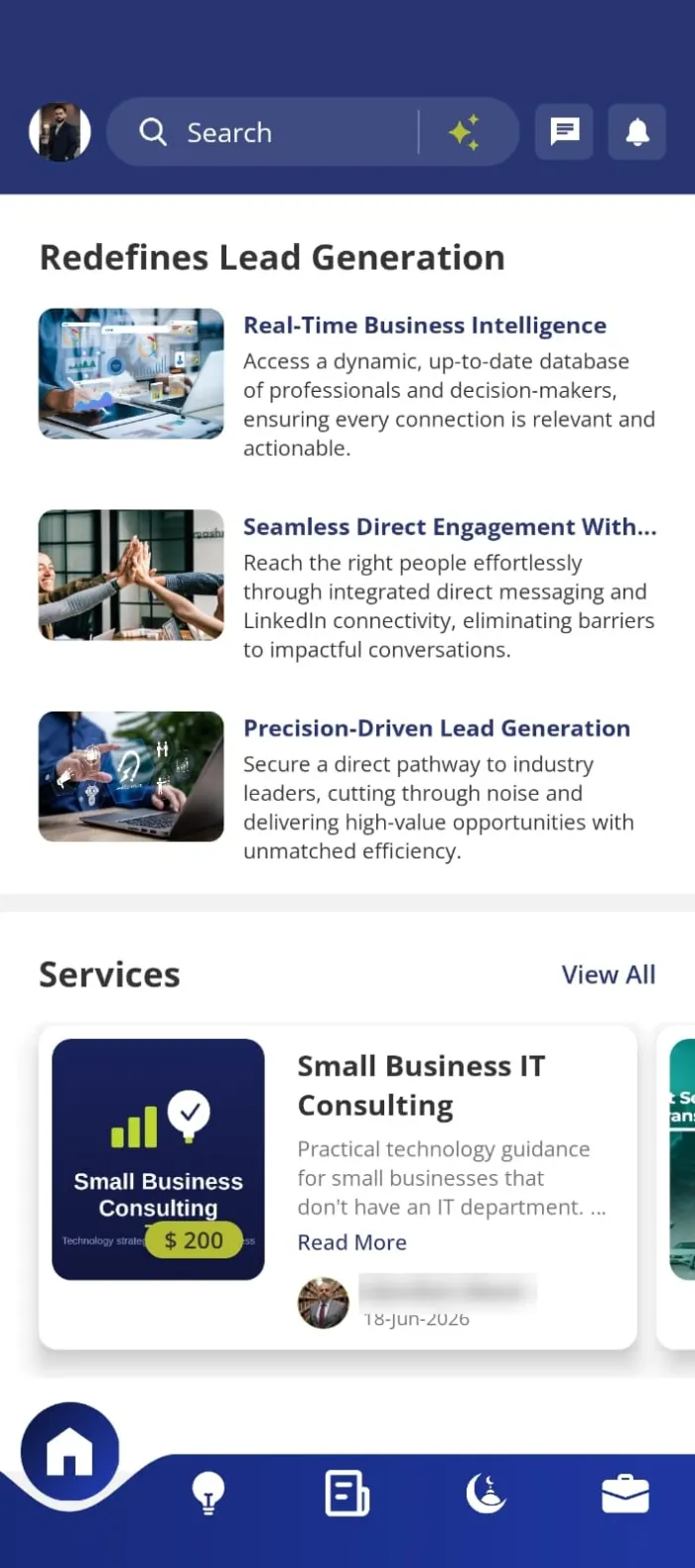 MuslimLynk news feed showing AI-powered lead generation and services listings