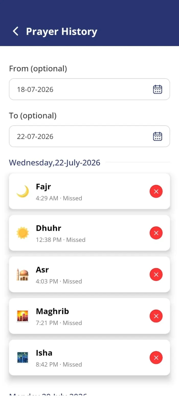 Prayer History screen showing a log of past prayers by date