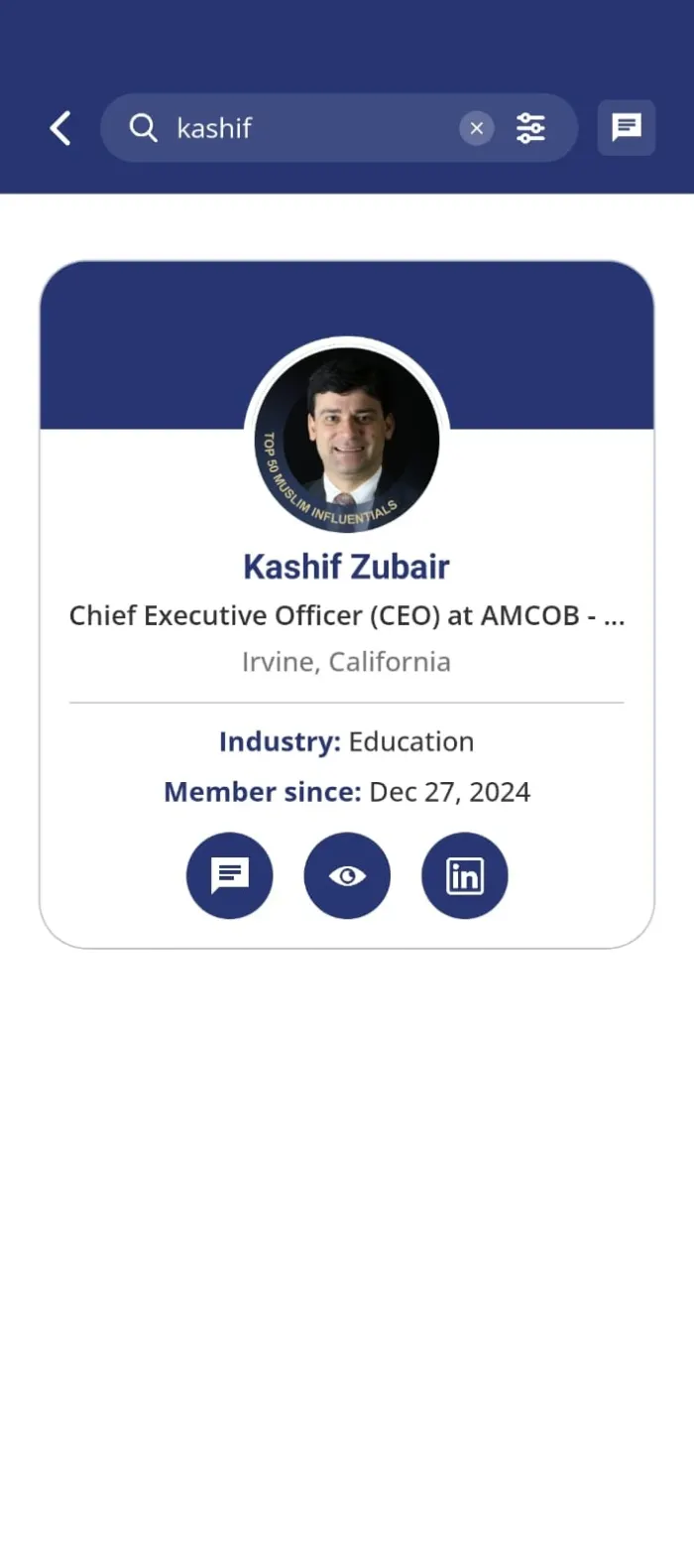 Member search result showing a professional's profile card