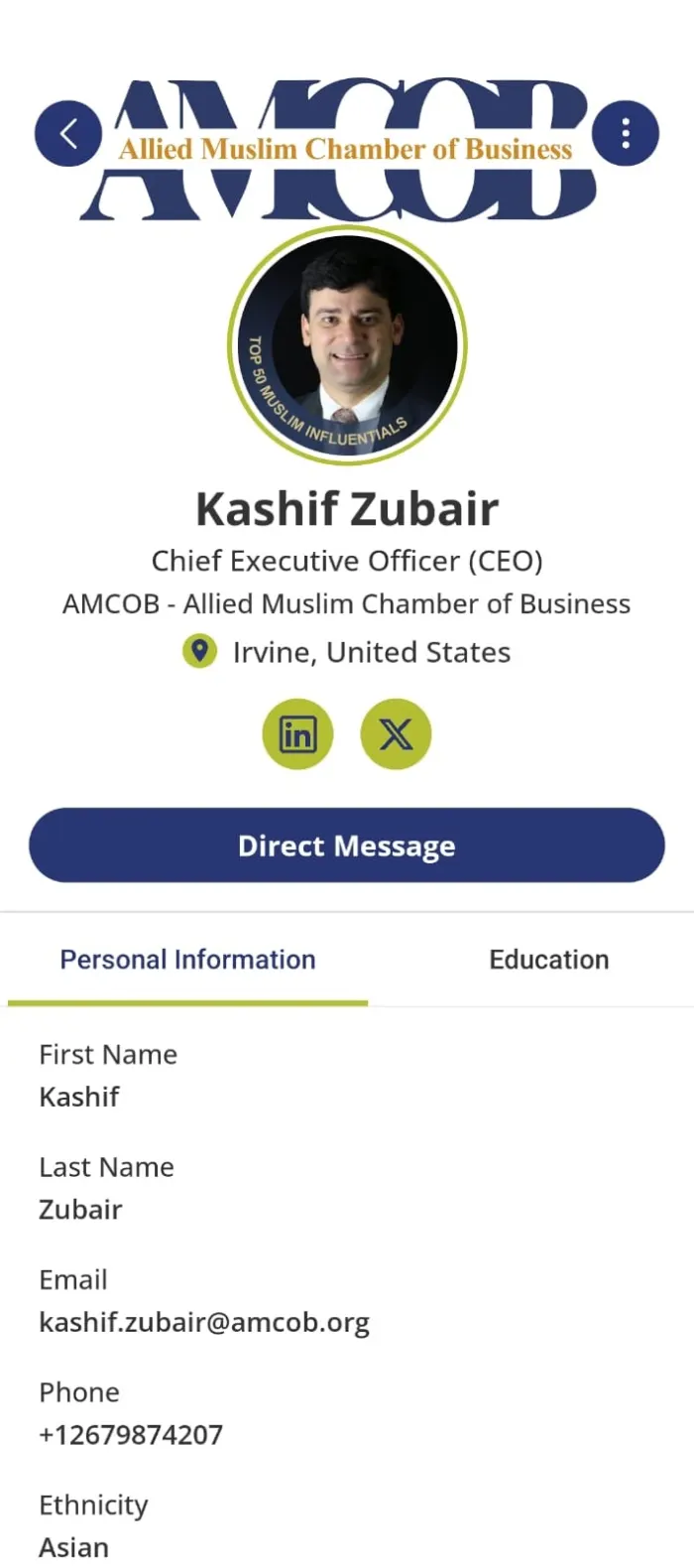 Full member profile page with company, role, and contact options