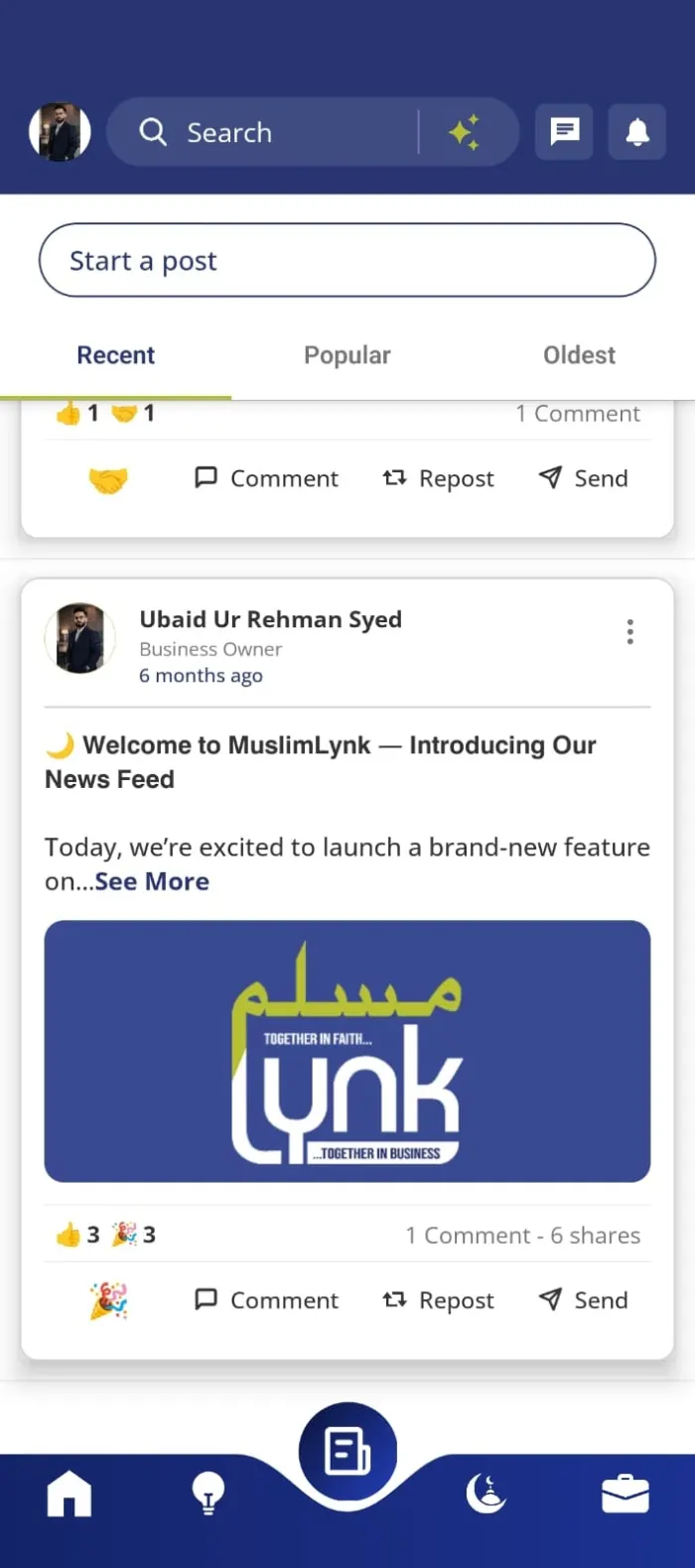 MuslimLynk community news feed with a member post