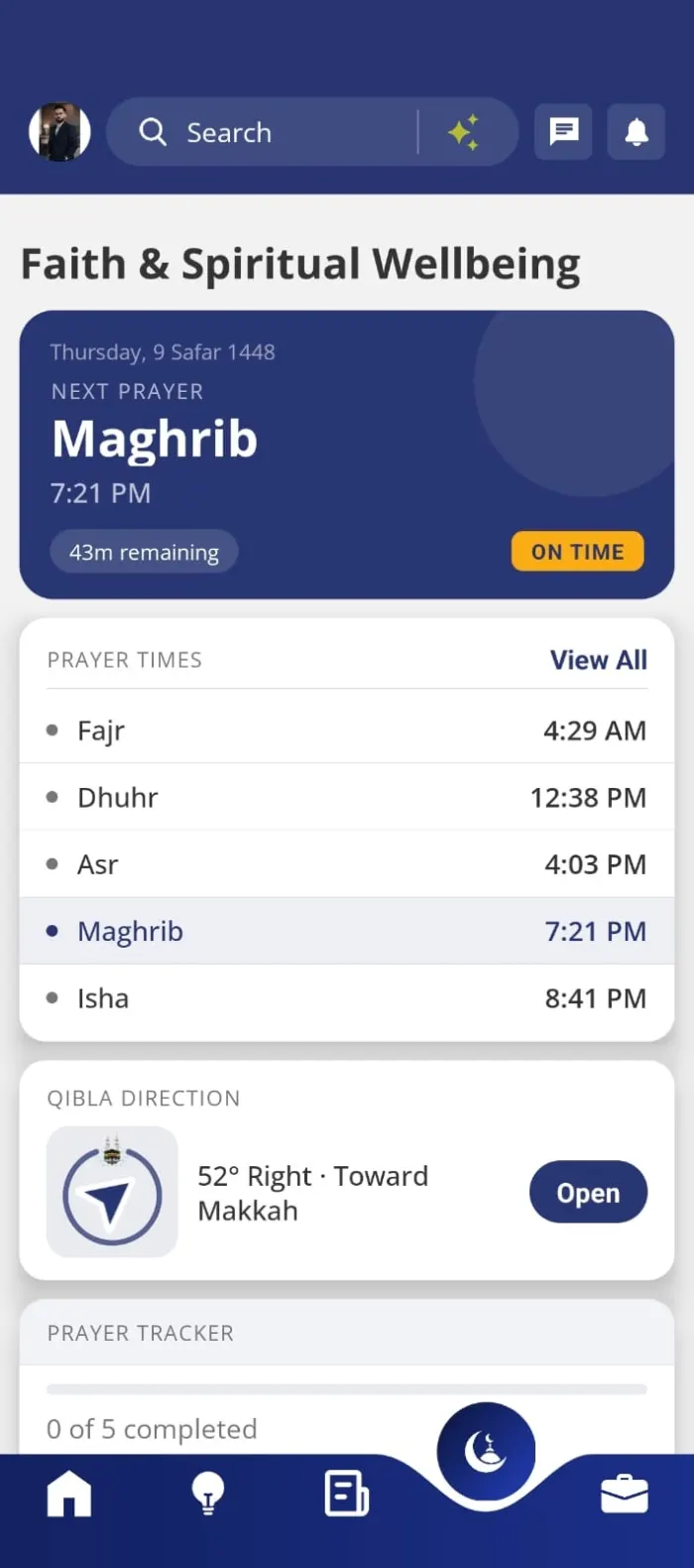 Faith and Spiritual Wellbeing screen showing prayer times and Qibla direction