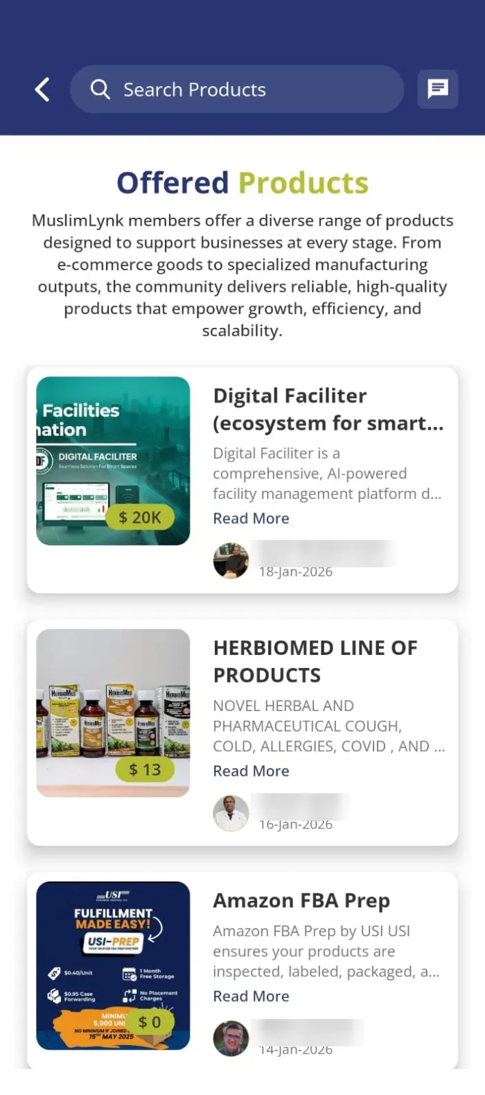 Offered Products screen listing member-provided products