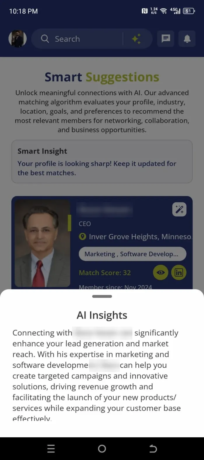 AI Insights panel explaining why a suggested member is a strong match